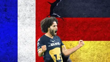 César Huerta con los Pumas bandera de Alemania y Francia