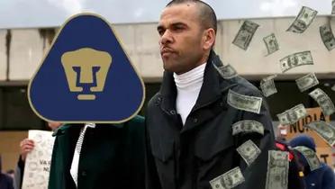 Dani Alves saliendo de la cárcel, escudo de Pumas y dólares