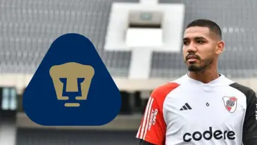 David Martínez con River Plate y escudo de Pumas