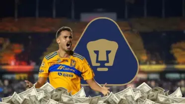 Diego Reyes jugando con Tigres, escudo de Tigres y dinero