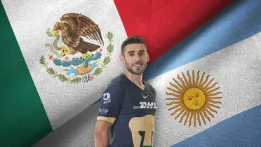 Eduardo Salvio con Pumas, banderas de México y Argentina