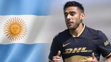 Eduardo Salvio con Pumas y bandera de Argentina