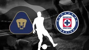 Escudos de Pumas y Cruz Azul con silueta de Andrés Montaño