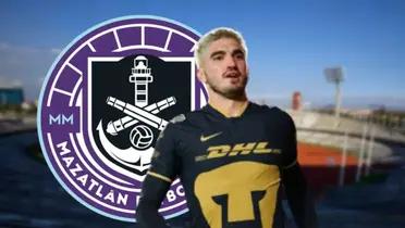 Gustavo Del Prete con Pumas y escudo de Mazatlán 