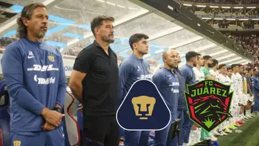 Gustavo Lema banca de Pumas y escudo de Juárez FC