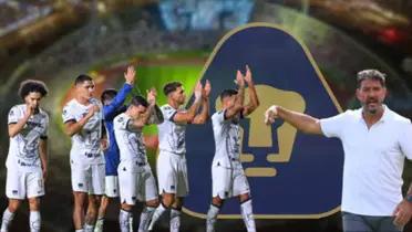 Gustavo Lema con Pumas de fondo el estadio Olímpico y sello de Pumas