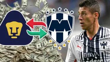 Héctor Moreno con Rayados, sello de Pumas y Rayados con dólares.