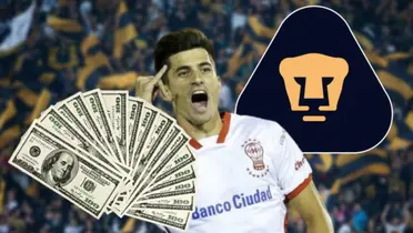 Ignacio Pussetto con Huracán, escudo de Pumas, dólares