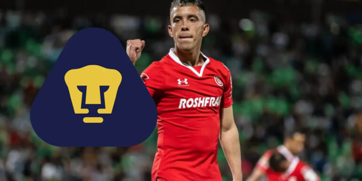 Leo Fernández con Toluca y escudo de Pumas