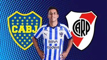 Maxi Meza con playera de Rayados, escudo de Boca Juniors y River Plate