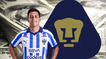 Maxi Meza con playera de Rayados, escudo de Pumas y dólares