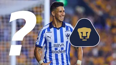 Maxi Meza con playera de Rayados, escudo de Pumas y signo de pregunta / MEXSPORT