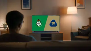 Santos vs Pumas escudos y sujeto viendo TV