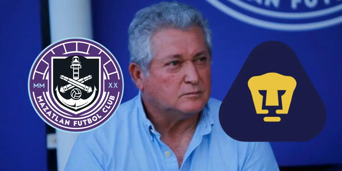 Víctor Manuel Vucetich con escudo de Pumas y Mazatlán 