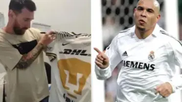 Messi mira la playera de Pumas, a la derecha, Ronaldo Nazario festeja (Fuente: IG Juan Dinenno y AFP)