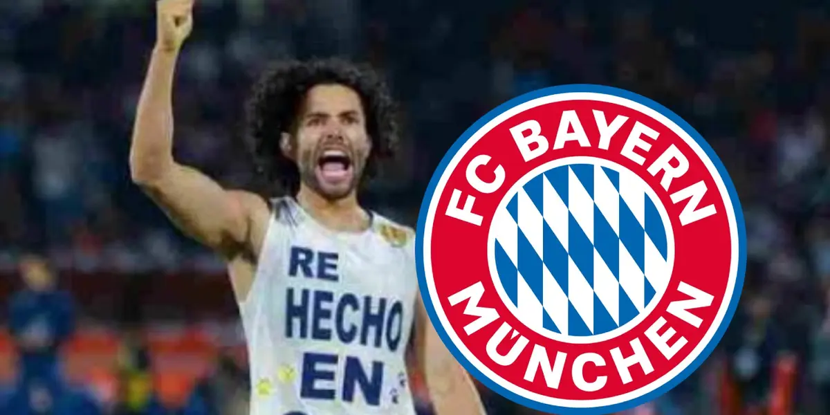 César Huerta con playera de Pumas y escudo del Bayern Múnich