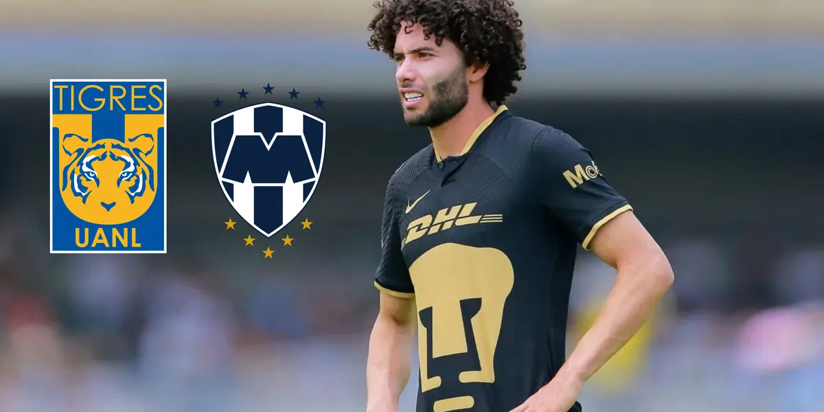 César Huerta jugando con Pumas con escudo de Tigres y Rayados