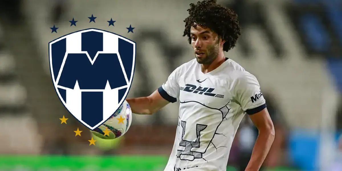 Cesar Huerta jugando con Pumas y escudo de Rayados