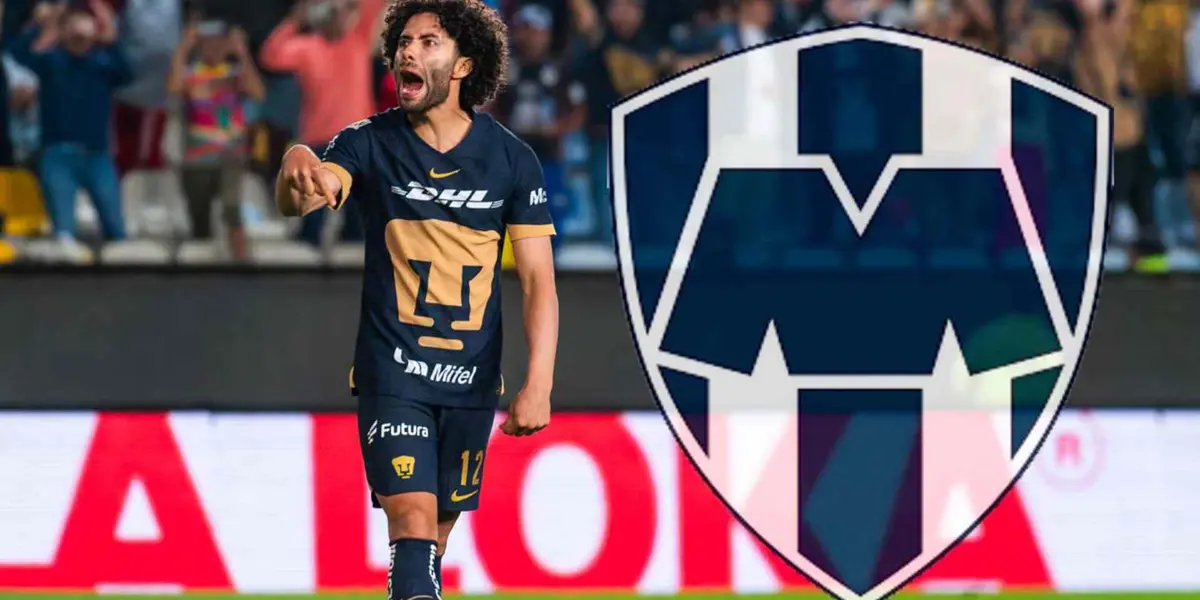 Chino Huerta con Pumas y escudo de Rayados