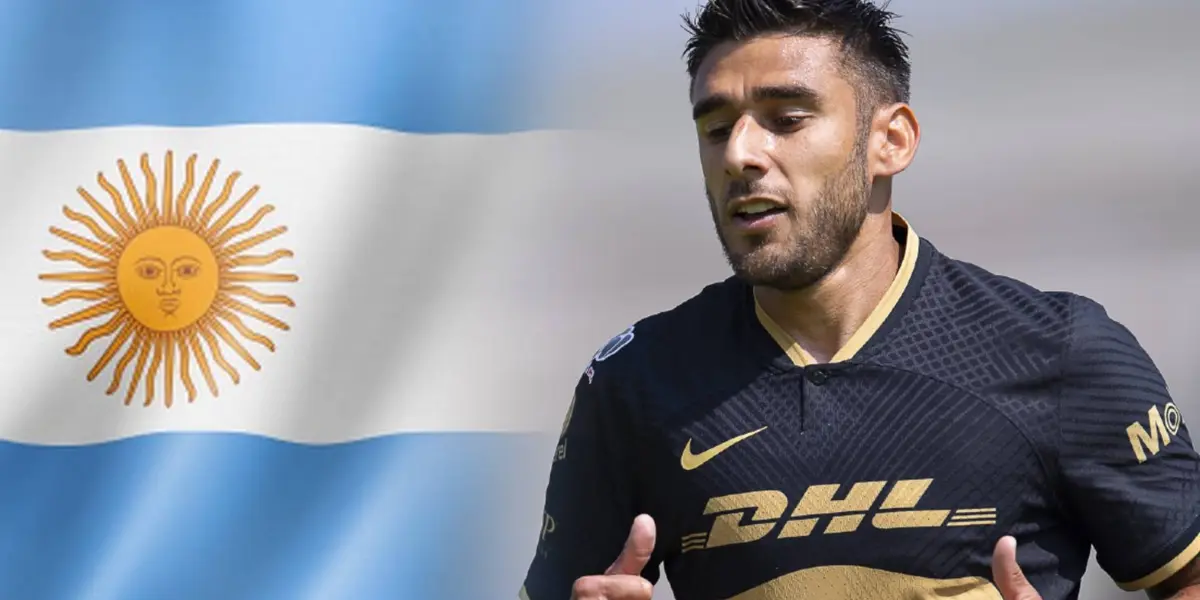 Eduardo Salvio con Pumas y bandera de Argentina