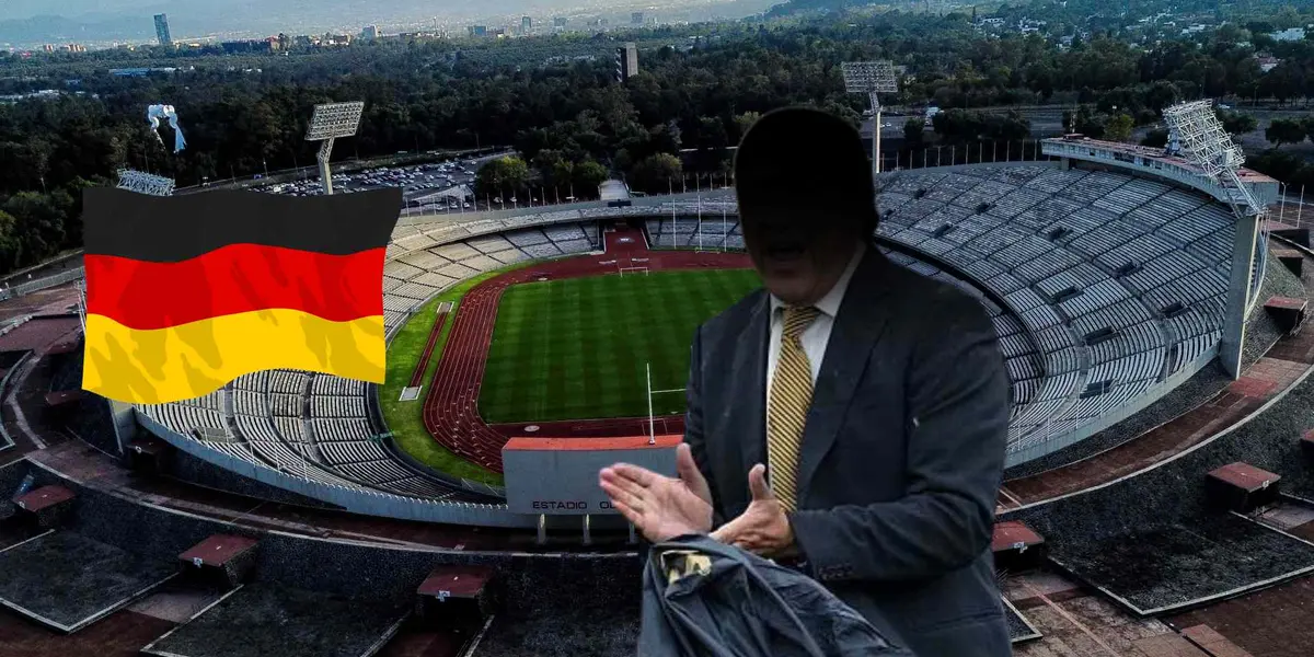 Estadio de CU con bandera de Alemania y silueta de José Luis Trejo