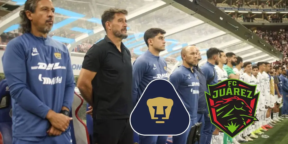 Gustavo Lema banca de Pumas y escudo de Juárez FC