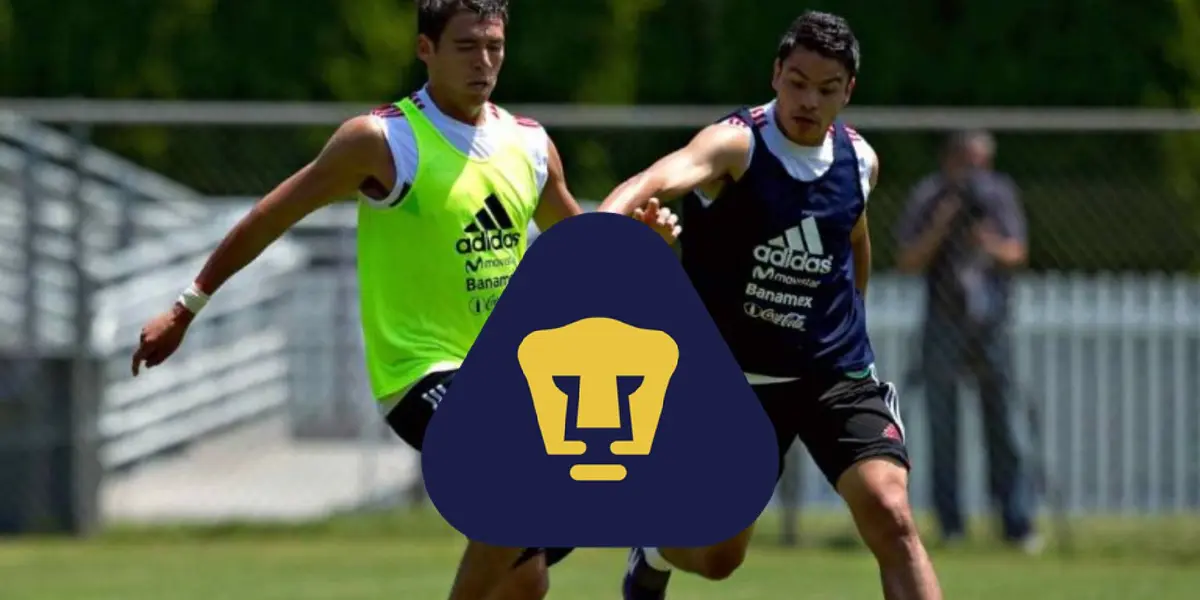 Héctor Moreno y Pablo Barrera con escudo de Pumas