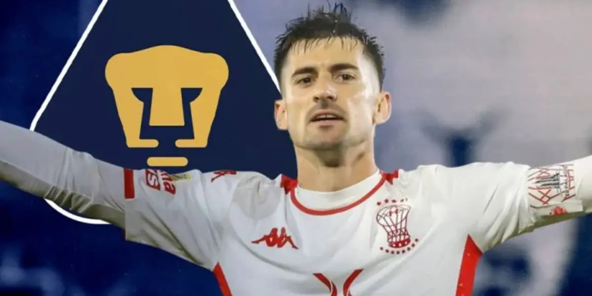 Ignacio Pussetto con Huracán y escudo de Pumas