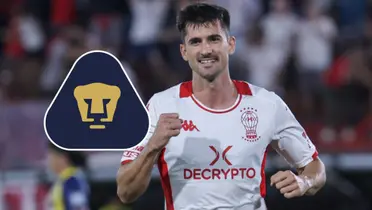 Ignacio Pussetto con Huracán y escudo de  Pumas 