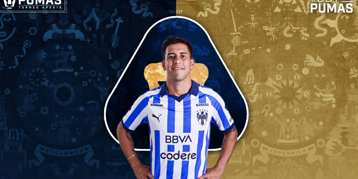 Maxi Meza con playera de Rayados, escudo de Pumas y dolares