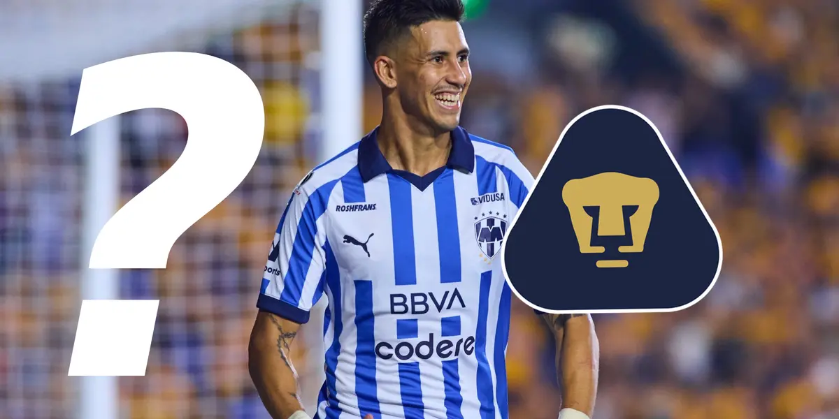 Maxi Meza con playera de Rayados, escudo de Pumas y signo de pregunta / MEXSPORT