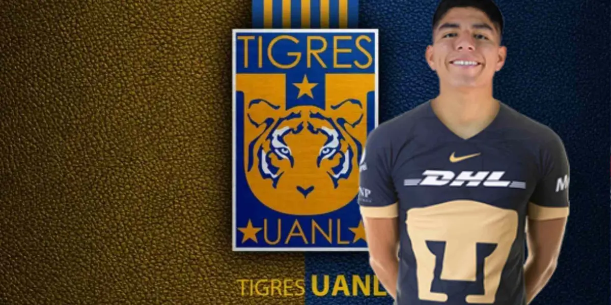 Piero Quispe con la playera de Pumas y logo de Tigres