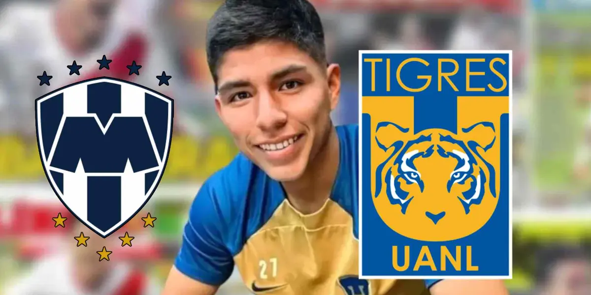 Piero Quispe de Pumas con escudo de Rayados y Tigres