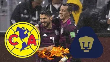 Rogelio Funes Mori y Henry Martin jugando con México con escudo del América y Pumas
